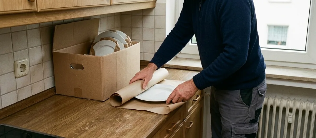 Hände rollen einen Teller in Packpapier ein, daneben steht eine Kiste mit hochkant stehendem Geschirr