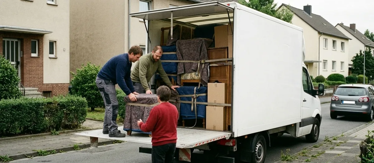 Bis unter das Dach beladener Wagen, jede Lage mit Zurrgurten gesichert, die Hecktüren stehen offen