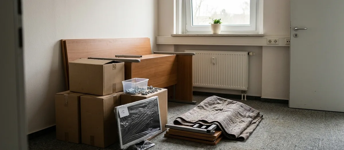 Ein abgebauter Schreibtisch in einem leeren Büroraum, die Platte lehnt an der Wand, Kleinteile liegen in einer Klarsichtbox