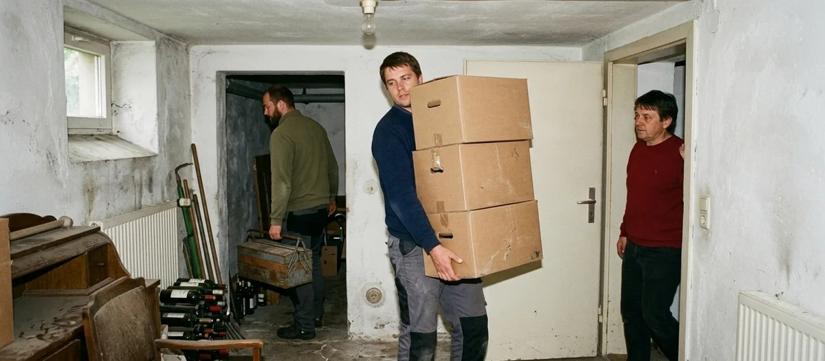 Gestapelte Umzugskartons und abgedeckte Möbel im Laderaum, mit Spanngurten gesichert
