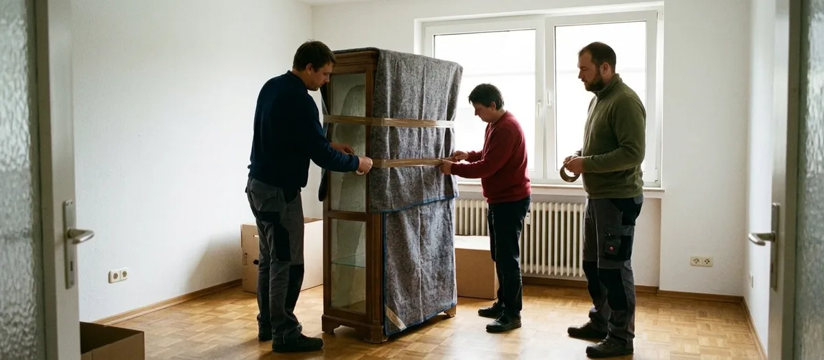 Eine Glasvitrine wird in einem leeren Zimmer in zwei graue Möbeldecken eingeschlagen und verklebt