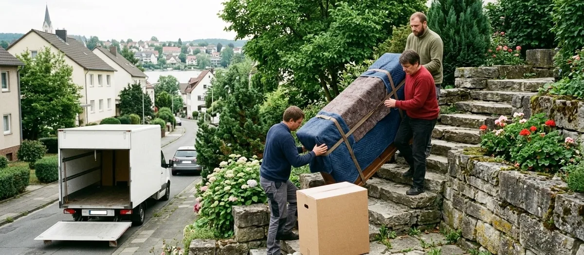 Drei Träger bringen eine zerlegte Schrankseite über eine Natursteintreppe im Hanggrundstück nach unten