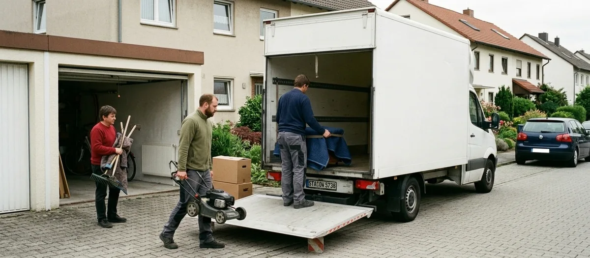 Der Wagen steht in einer gepflasterten Einfahrt vor einer offenen Garage, Gartengerät wird herausgetragen