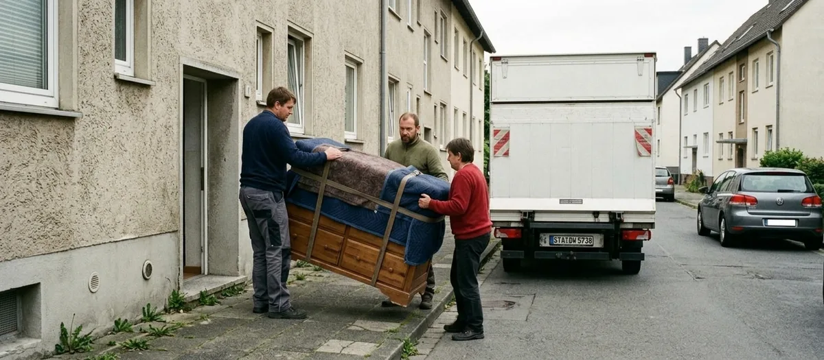 Der Wagen steht in einer Seitenstraße neben einem Altbau, zwei Träger bringen eine zerlegte Schrankseite heraus