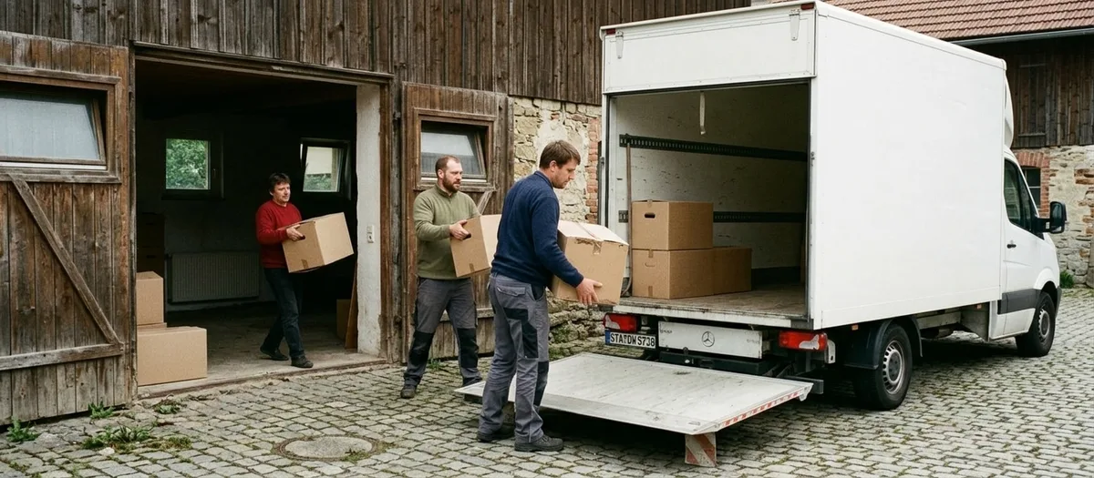 Der Wagen steht im Hof eines alten Bauernhauses, Träger bringen Kisten aus der Scheune über das Kopfsteinpflaster