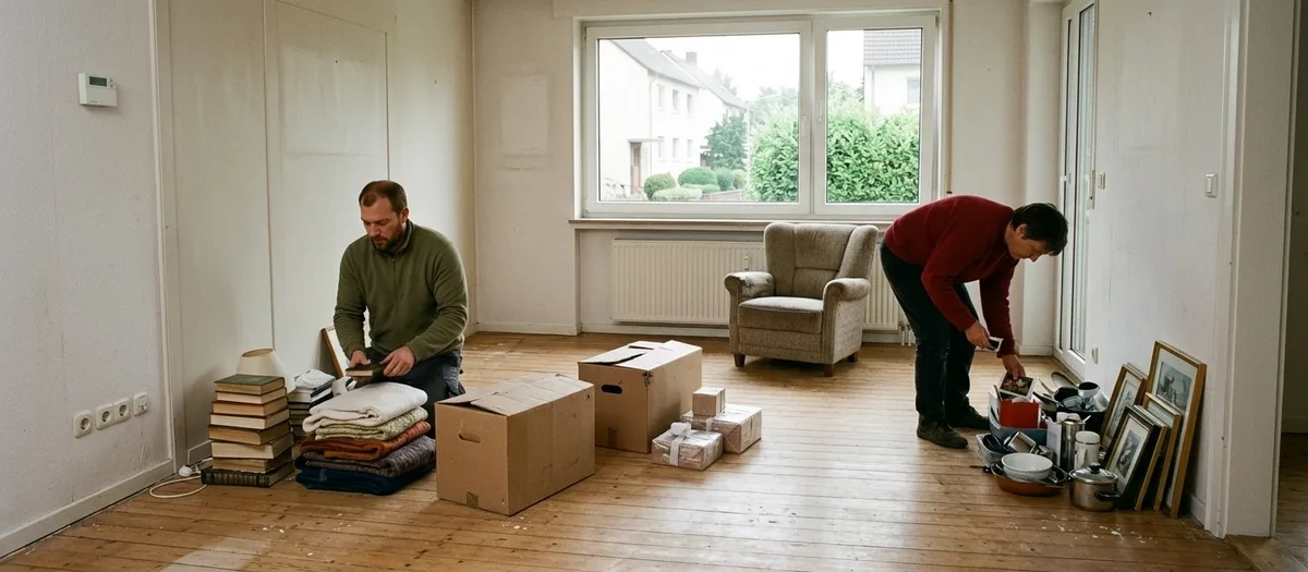 Fast leeres Zimmer mit drei getrennten Haufen Hausrat auf dem Dielenboden, ein Sessel steht noch am Fenster