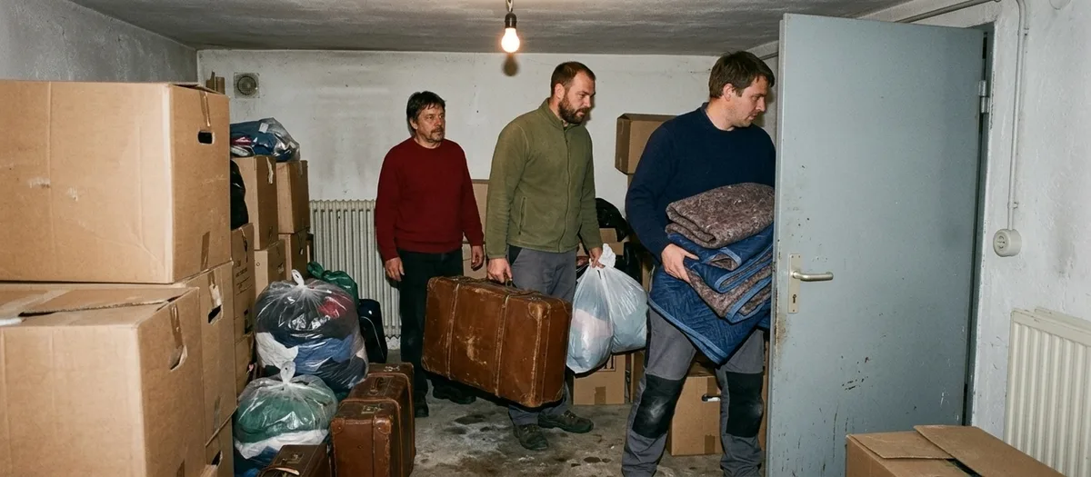 Ein Träger holt alte Koffer und Säcke aus einem vollgestellten Kellerraum durch eine niedrige Tür