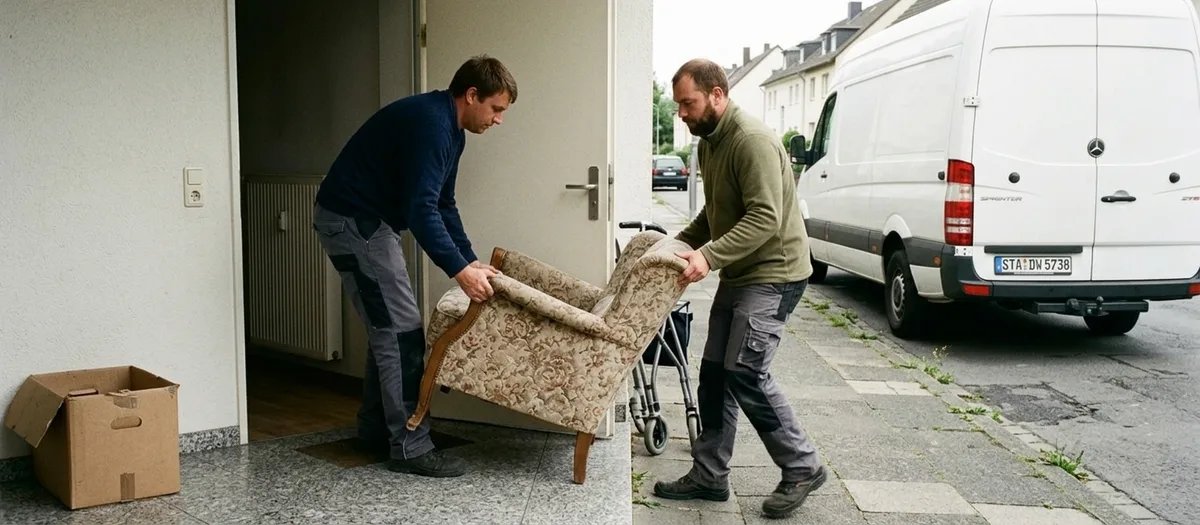 Zwei Träger heben einen Polstersessel über die Wohnungsschwelle, daneben steht ein zusammengeklappter Rollator