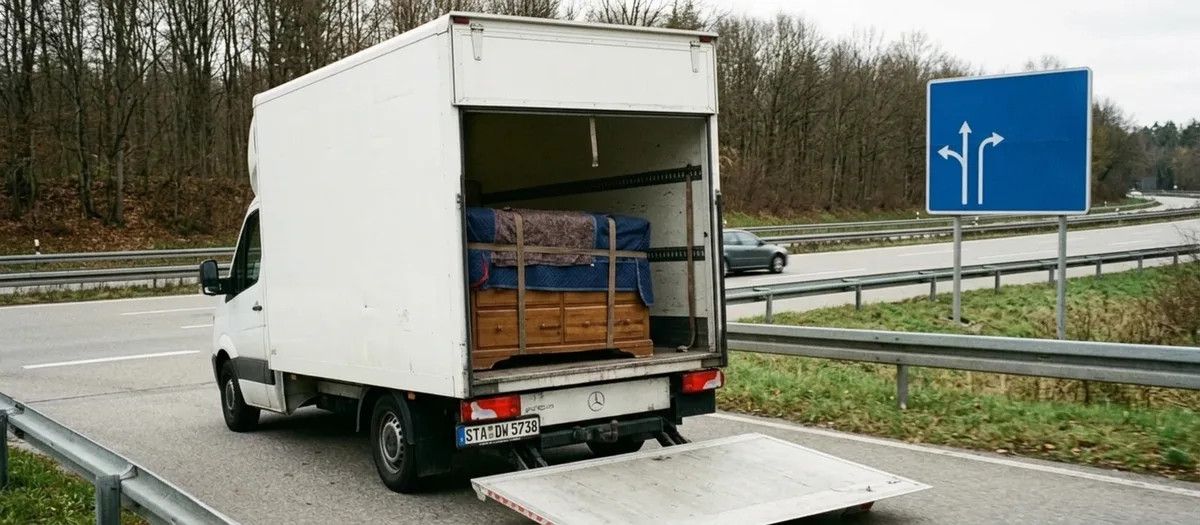 Der Wagen biegt auf eine Autobahnauffahrt ein, ein blaues Richtungsschild steht am Rand