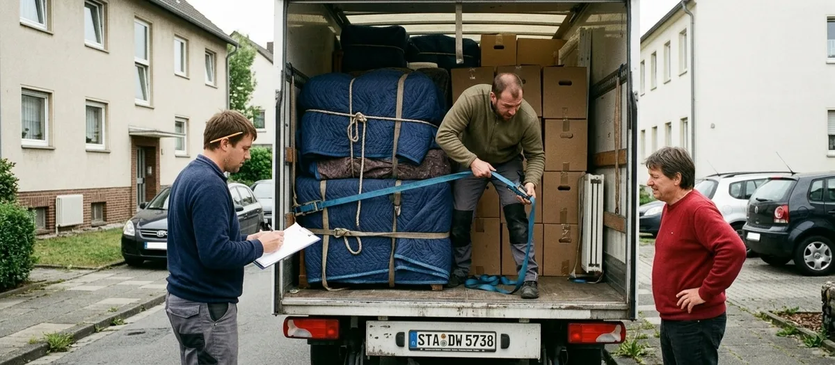 Bis unter das Dach beladener Wagen, ein Träger zieht am offenen Heck den letzten Zurrgurt fest