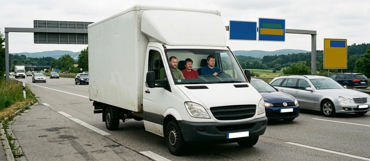 Der Wagen fährt von der Seite gesehen auf einer breiten Autobahn, andere Fahrzeuge überholen