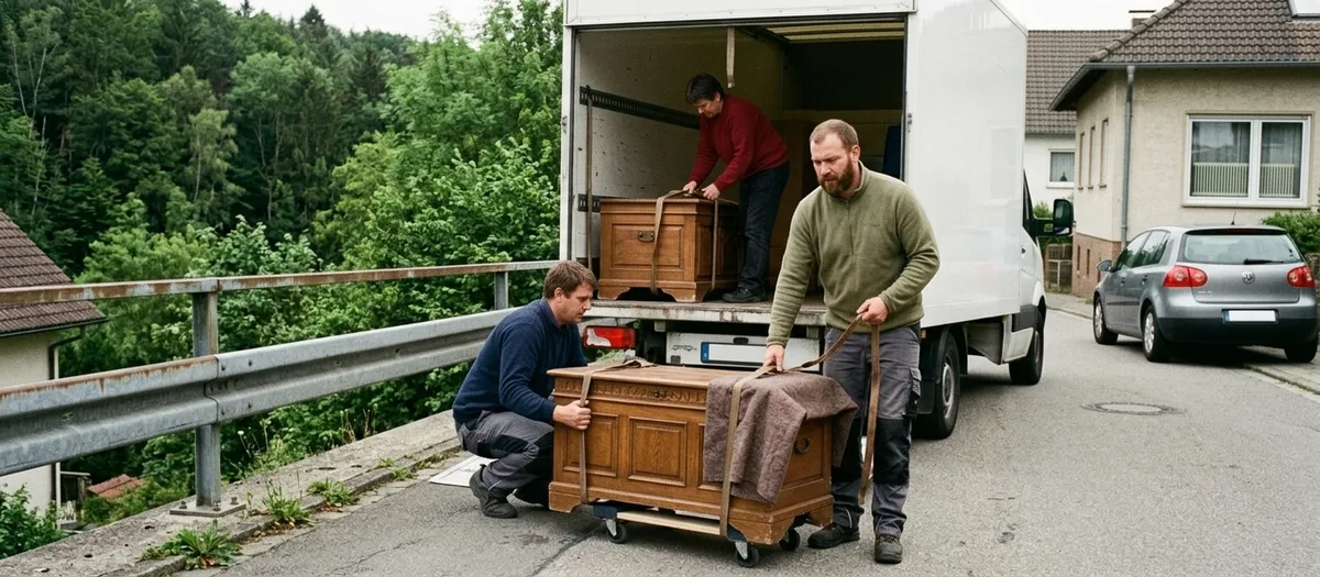 Zwei Träger laden eine verpackte Truhe an einer Leitplanke aus, dahinter ein bewaldeter Hang