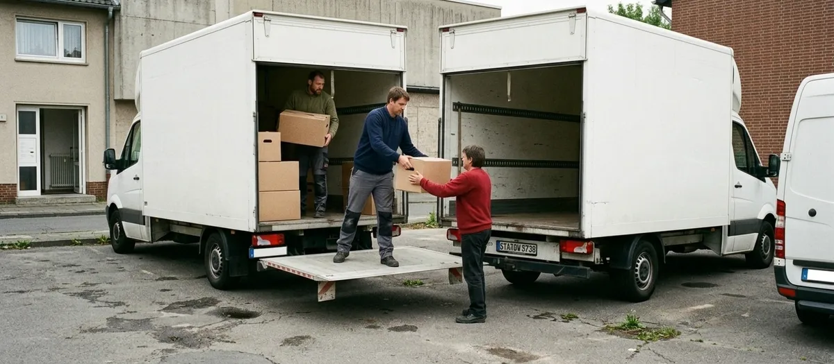 Ladung wird auf einem Depothof von einem Wagen in den anderen gereicht, beide Hecktüren stehen offen