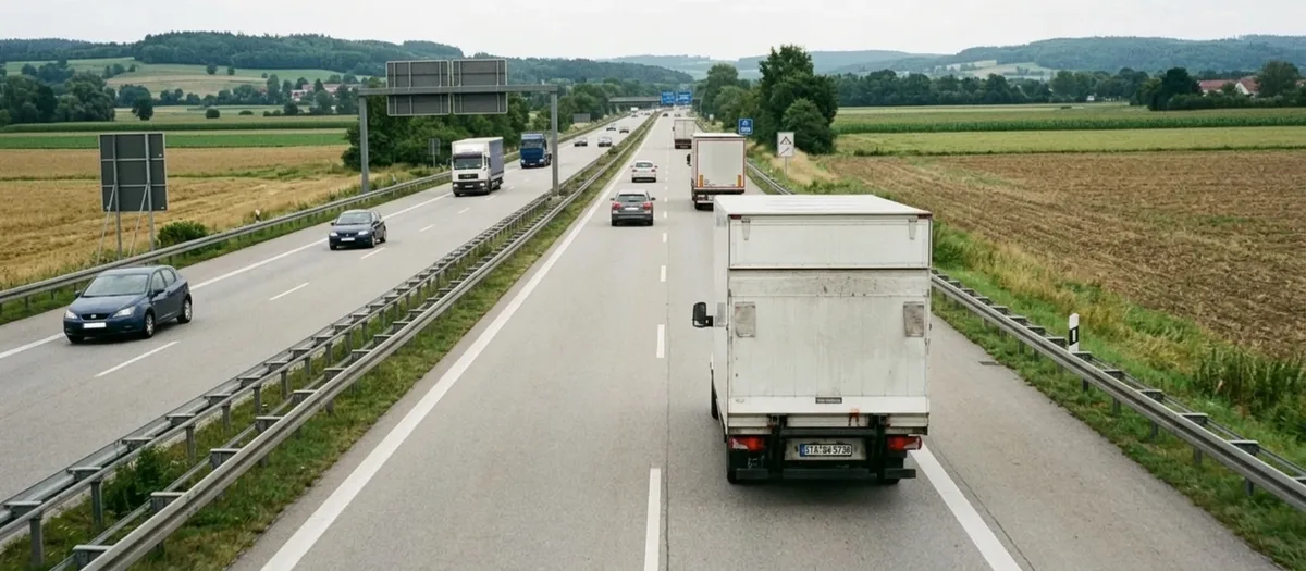 Der Wagen fährt auf einer Autobahn durch flaches Ackerland, Lastzüge auf der Gegenfahrbahn