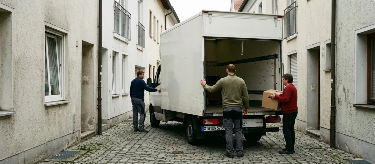 Der Wagen fährt durch eine enge Ortsdurchfahrt mit historischen Hausfassaden