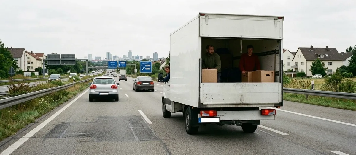 Der Wagen fährt auf einer mehrspurigen Autobahn Richtung Stadt, bedeckter Himmel
