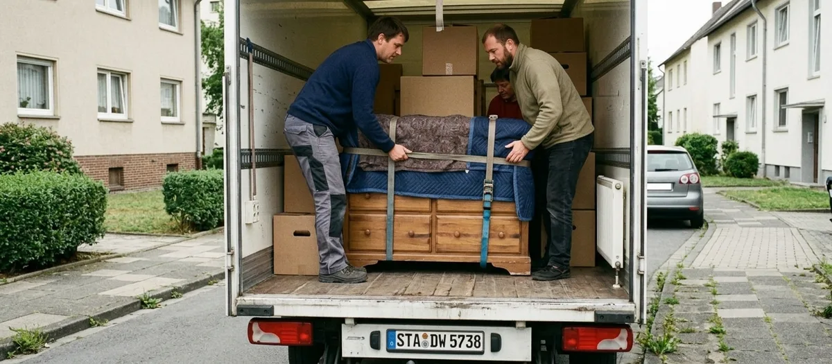 Offenes Heck des Wagens, die Ladung ist mit zwei Zurrgurten quer gesichert