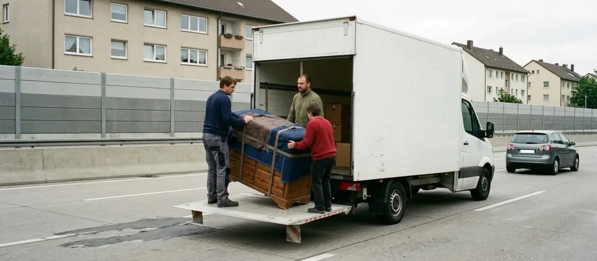 Der Wagen steht mit abgesenkter Ladebordwand an einer Straße vor einer Lärmschutzwand, drei Träger schieben eine Truhe hinauf