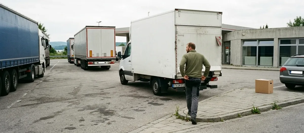Zwischen abgestellten Lastzügen auf einer Raststätte parkt der Wagen, der Fahrer kommt über den Platz zurück