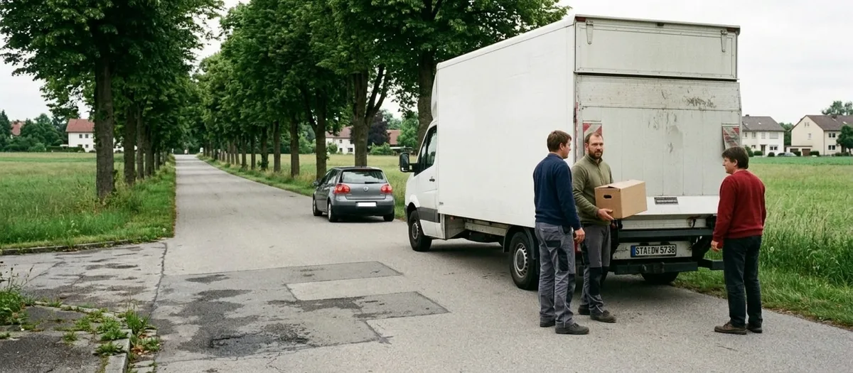 Der Wagen fährt über eine gerade Landstraße zwischen Wiesen und einer Baumreihe