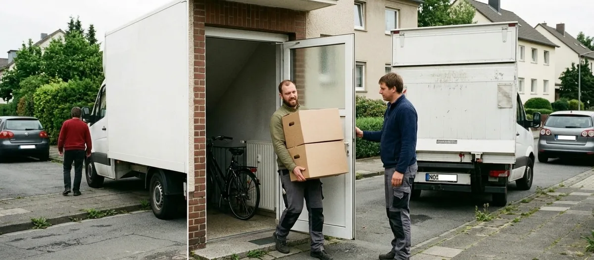 Ein Träger trägt zwei gestapelte Kisten aus einer Wohnungstür, im Treppenhaus steht ein angeschlossenes Fahrrad