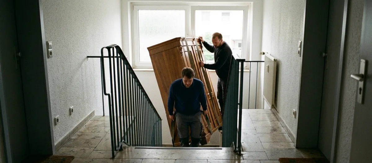 Zwei Träger lassen einen hohen Schrank an Tragegurten über ein gefliestes Treppenhaus nach unten